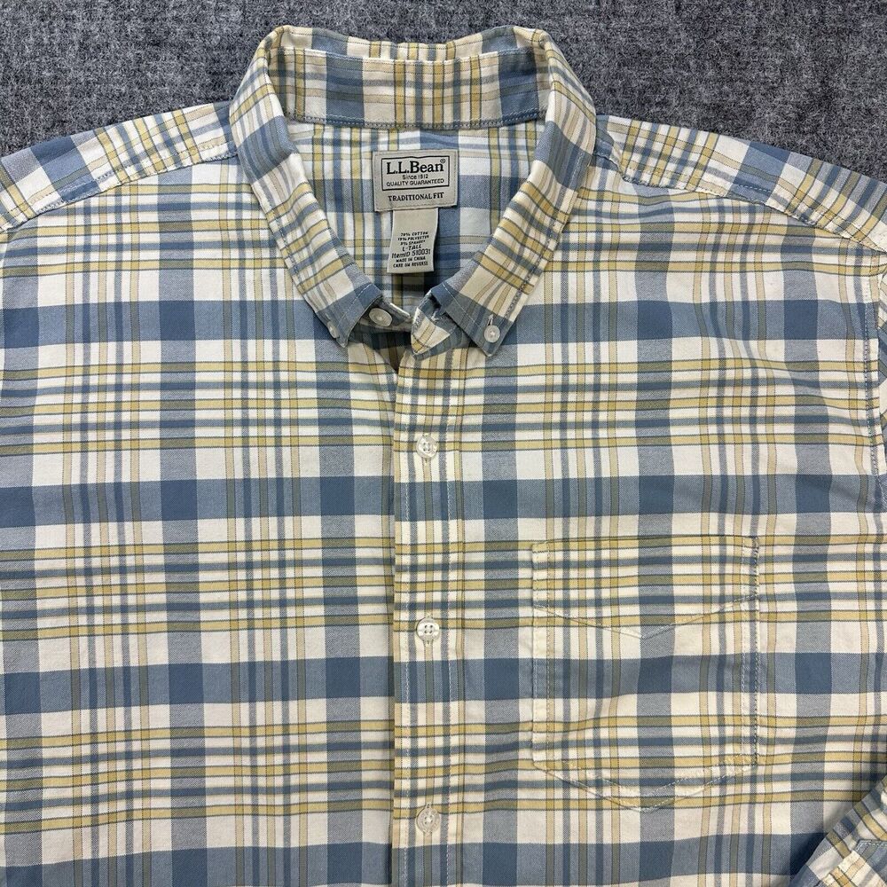 LL Bean Shirt Mens Large Tall Blue Plaid Stretch Oxford Shirt Untucked Fit